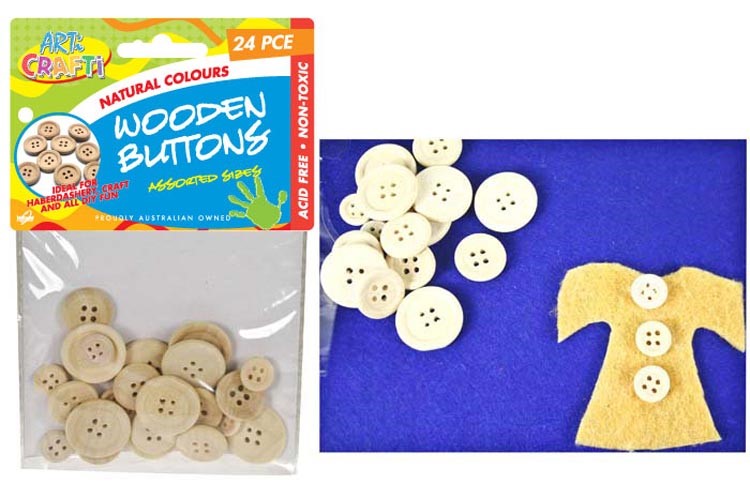 Buttons Wooden Natural 10-22mm Pk24